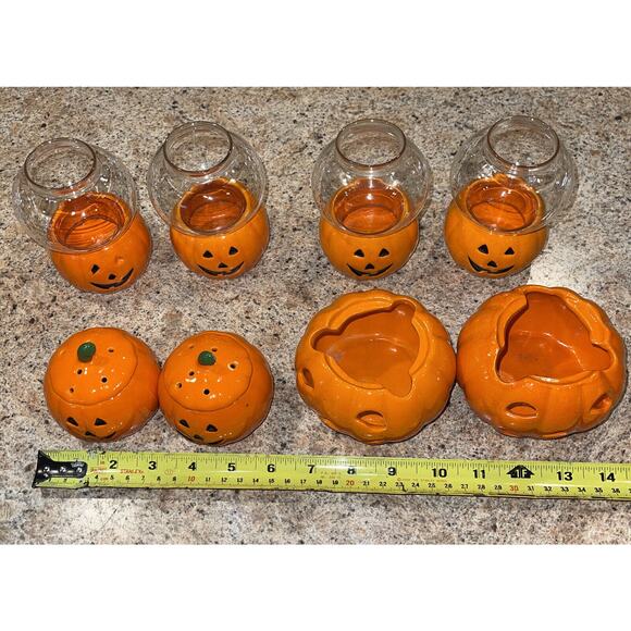 Halloween Set Of 8 Pumpkin Ceramic Votive Candle Holders Adorable! Excellent!
